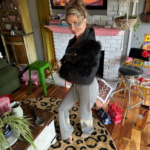 Black Denim Jacket with lace up Faux Fur Sleeves M - Picture 12 of 12